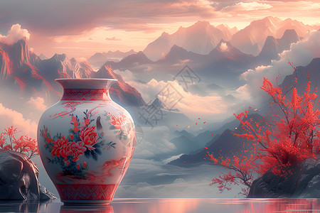 红花瓶山茶古画背景图片