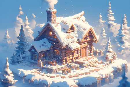 冰雪世界中的温馨小木屋背景图片