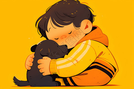 男孩拥抱小狗背景图片