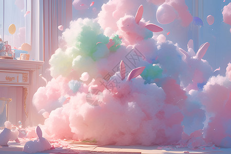 绿色亮粉粉绿色棉花糖兔子插画