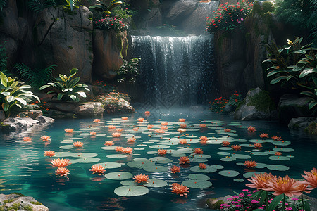 瀑布下的莲花池高清图片