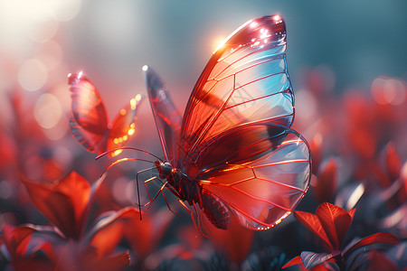 蝴蝶落花间红花间的玻璃蝴蝶背景