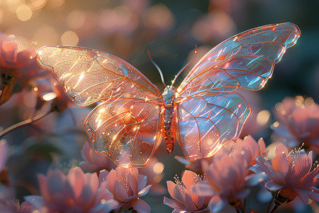 橱柜里的摆件花丛里的玻璃蝴蝶背景