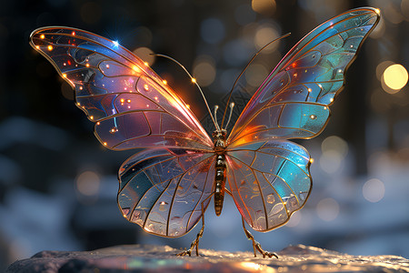 水晶工艺品夜幕下的玻璃蝴蝶插画