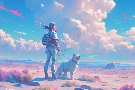 沙漠场景彩色沙漠中人带狗散步插画