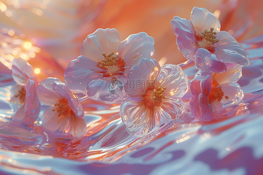 水面上的玻璃花朵图片