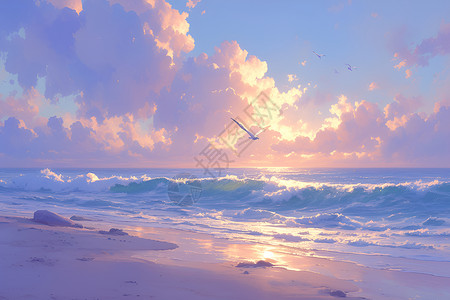 抚仙湖晨光美丽的海平面插画