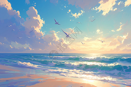 第一缕晨光海滩日出风景插画