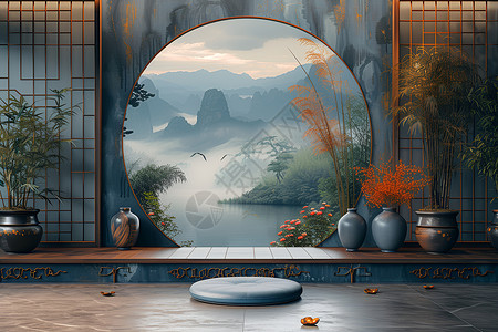 湖光月色窗外青山湖光设计图片