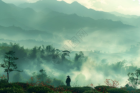 茶树绿叶云雾缭绕的茶园背景