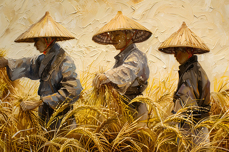 稻农在麦田草帽稻农高清图片