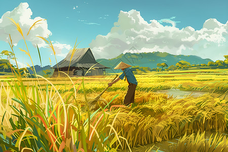 稻农在田间劳作高清图片