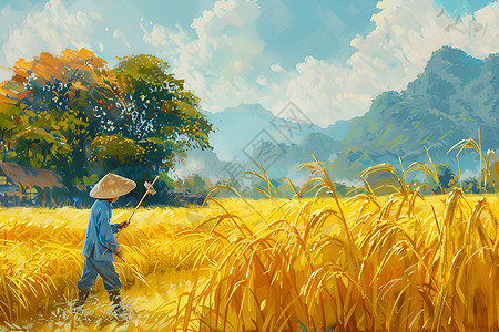 稻农收割稻谷的农民插画