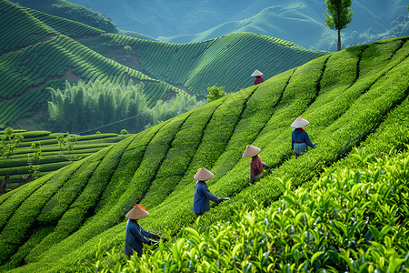 茶农精心采摘的茶叶高清图片
