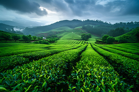 树木种植夜色下的茶山绿海背景