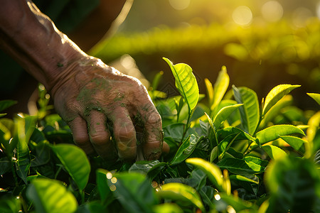 采茶人手指灵巧地摘选茶叶背景