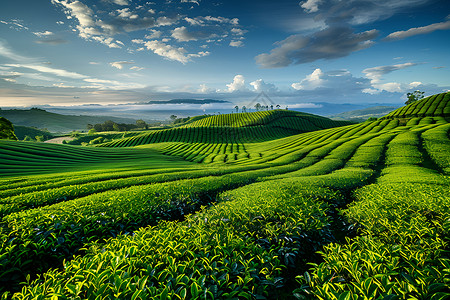 茶田的辽阔种植挑茶工高清图片