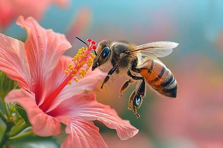蜜蜂与粉色花朵共舞背景图片