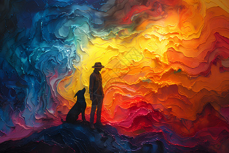 彩虹交织男子与狗背景图片