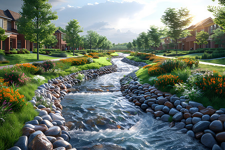 洱海畔花园畔的河流插画