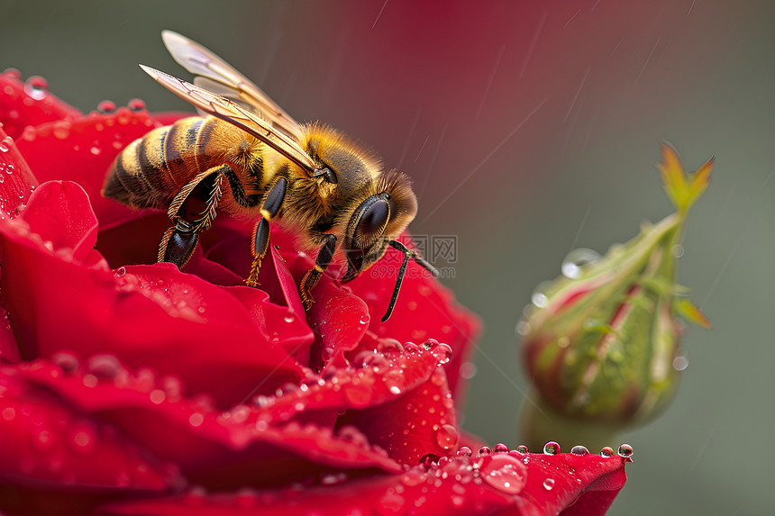 露珠中的蜜蜂图片