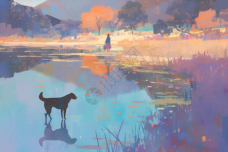 河畔的人河畔遛狗的人插画