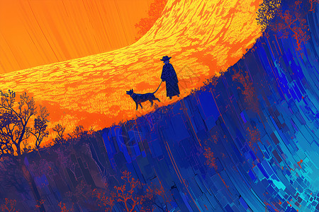 彩虹上散步的人和狗背景图片