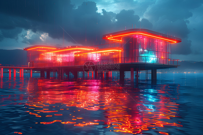 水上的霓虹建筑图片