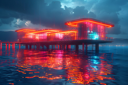 水上的霓虹建筑背景图片