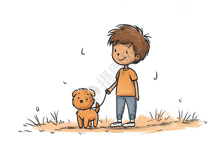 小男遛狗的插画插画