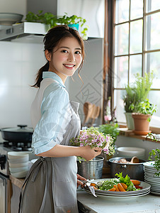 开心烹饪的女孩背景图片