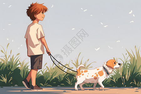 少年牵着小狗在草地上背景图片