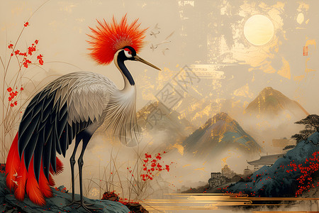红头鹤与山水背景图片