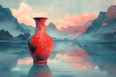 湖光山色中的红色花瓶设计图片