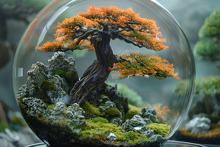 环氧环玻璃碗中的盆栽景观背景