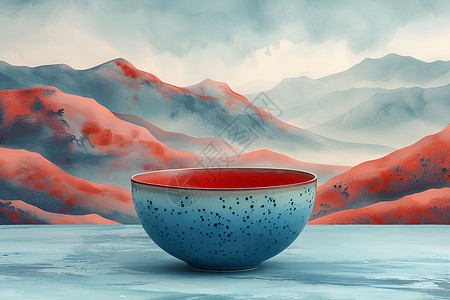 陶瓷水杯碗和山峦设计图片