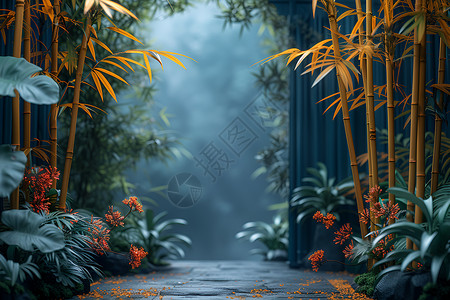 森林叶子道路边的竹林设计图片