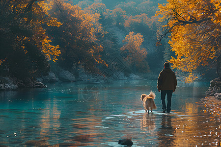 在河边散步的人与狗插画