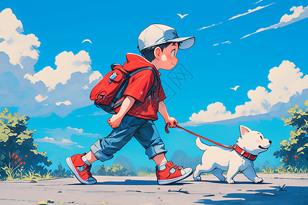 散步人物素材卡通男孩遛狗插画