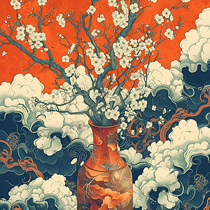 花瓶与白色梅花的绝美结合背景图片