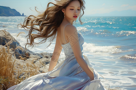 优雅白裙仙女海边仙女白裙飘逸背景