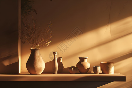 烘焙作坊阳光照耀下的花瓶瓷器插画