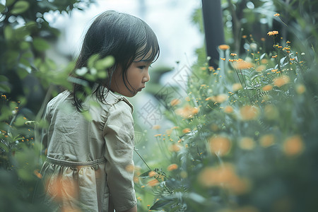 花海中的小女孩背景图片