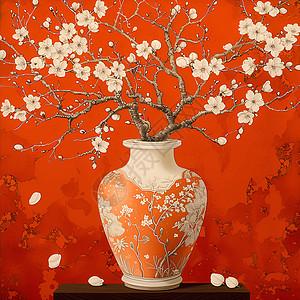古典花朵花瓶中的白梅花插画