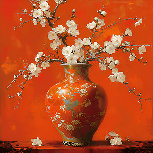 深橘色花瓶中的白梅绽放背景图片