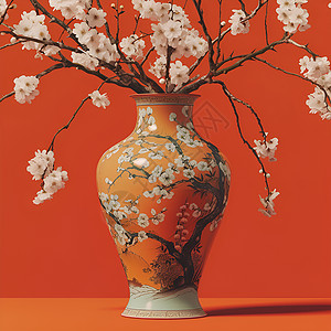 古典鲜花素材花瓶与梅花的艺术之光插画