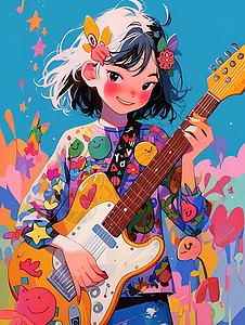 吉他抽象素材嬉皮女孩弹吉他插画