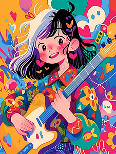 吉他抽象素材彩绘女士弹吉他插画