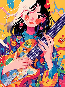 吉他抽象素材音乐少女与吉他的奇妙邂逅插画