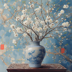 古典鲜花素材白花盛开的花瓶在墙前插画